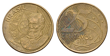 Бразилия 25 сентаво 2003 KM 650 сталь плакированная латунью 4561-1056
