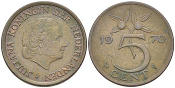 НИДЕРЛАНДЫ 5 ЦЕНТОВ 1970 ЮЛИАНА (1948-1980) KM 181 бронза 213-1055