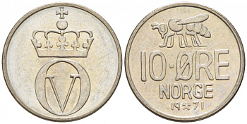 НОРВЕГИЯ 10 ЭРЕ 1971 ПЧЕЛА, ОЛАВ V (1957-1991) KM 411 медно-никель 3457-1251