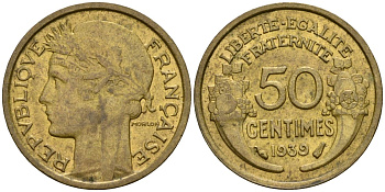 Франция 50 сантимов 1939 тип Morlon KM 894.1, Le Franc 192.15 алюминиевая бронза 53-138