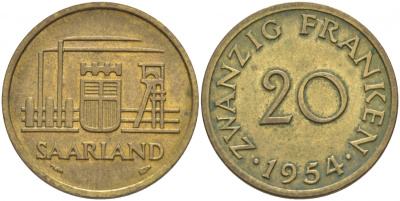 Саарланд 20 франков 1954 индустрия KM 2 алюминиевая бронза 68-542