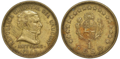 Уругвай 1 песо 1965 KM 46 алюминиевая бронза 106-1151