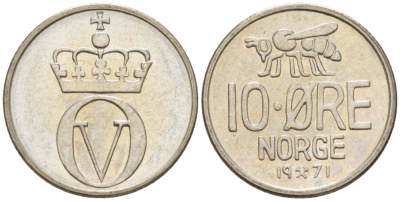 НОРВЕГИЯ 10 ЭРЕ 1971 ПЧЕЛА, ОЛАВ V (1957-1991) KM 411 медно-никель 3457-1251