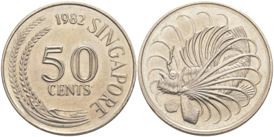 Сингапур 50 центов 1982 рыба крылатка KM 5 медно-никель UNC 32-1113