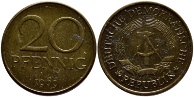 ГДР 20 пфеннигов 1969 А, первый год KM 11 латунь UNC 4398-1141