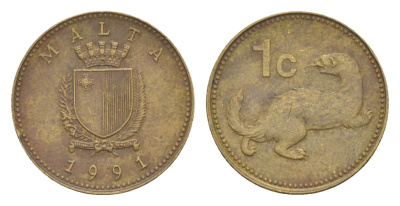 Мальта 1 цент 1991 ласка, горностай KM 93 никель латунь 4632-444