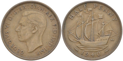 Великобритания 1/2 пенни 1940 Георг VI (1936-1952) KM 844, Spink 4115 бронза 4539-647