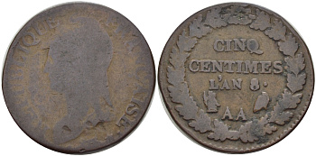 ФРАНЦИЯ 5 САНТИМОВ L'AN 8 AA, РЕСПУБЛИКА KM 640.2 (С135.2) бронза 28-621