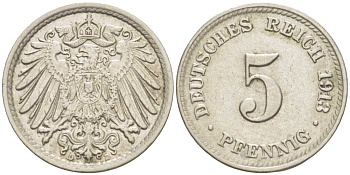 ГЕРМАНИЯ 5 ПФЕННИГОВ 1913 D KM 11, J. 12 медно-никель 105-166