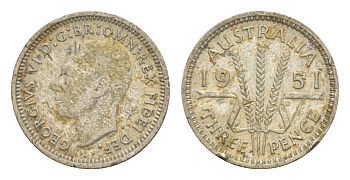 Австралия 3 пенса 1951 Георг V (1936-1952) KM 44 серебро 4588-1028