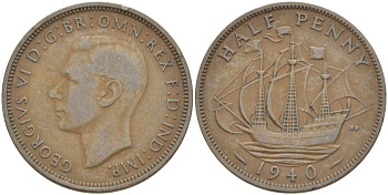 Великобритания 1/2 пенни 1940 Георг VI (1936-1952) KM 844, Spink 4115 бронза 4539-646