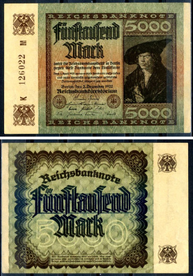 Германия 5000 марок 1922 2 декабря 1922, водяной знак E, серия M, буква K Pick 81 a бумага 8589-13-2-1