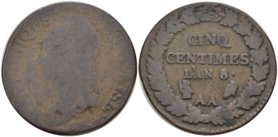 ФРАНЦИЯ 5 САНТИМОВ L'AN 8 AA, РЕСПУБЛИКА KM 640.2 (С135.2) бронза 28-621
