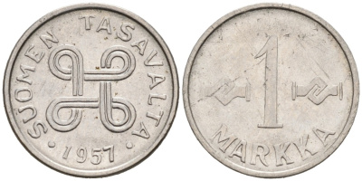 ФИНЛЯНДИЯ 1 МАРКА 1957 KM 38а железо плакированное никелем 192-1214