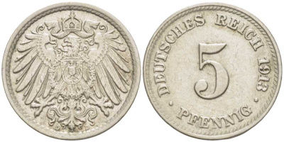 ГЕРМАНИЯ 5 ПФЕННИГОВ 1913 D KM 11, J. 12 медно-никель 105-166