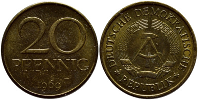ГДР 20 пфеннигов 1969 А, первый год KM 11 латунь UNC 4395-1124