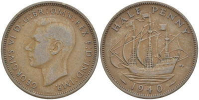 Великобритания 1/2 пенни 1940 Георг VI (1936-1952) KM 844, Spink 4115 бронза 4539-646