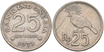 Индонезия 25 рупий 1971 венценосный голубь KM 34 медно-никель 4573-735