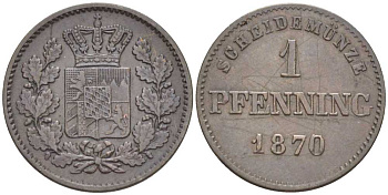 Бавария 1 пфенниг 1870 Людвиг II (1864-1886) KM 471, Jg. 91, AKS 185. медь 201-262