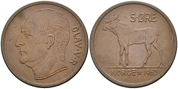 Норвегия 5 эре 1962 ЛОСЬ KM 405 бронза 4565-535