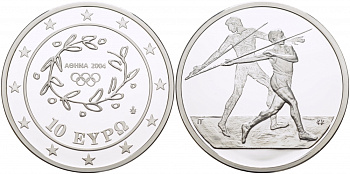 Греция 10 евро 2003 XXVIII летние Олимпийские игры 2004 года в Афинах, метание копья KM 193 серебро PROOF 06-271-35