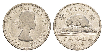 Канада 5 центов 1964 Елизавета II (1952-2022), бобр KM 57 никель 4636-566