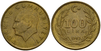Турция 100 лир 1989 Кемаль Ататюрк KM 988 алюминиевая бронза 4601-651