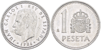 Испания 1 песета 1986 M, Хуан Карлос I (1975-2014) KM 821 алюминий 216-625