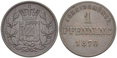 Бавария 1 пфенниг 1870 Людвиг II (1864-1886) KM 471, Jg. 91, AKS 185. медь 201-262