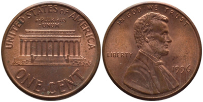 США 1 ЦЕНТ 1996 ЛИНКОЛЬН KM 201b цинк плакированный медью 66-1062