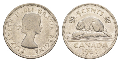 Канада 5 центов 1964 Елизавета II (1952-2022), бобр KM 57 никель 4636-566