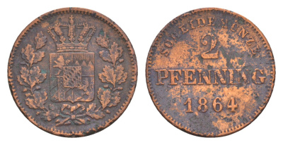 Бавария 2 пфеннига 1864 Людвиг II (1864-1886) KM 857 медь 4649-512
