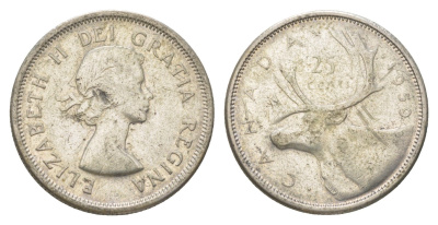 Канада 25 центов 1959 Елизавета II (1952-2022), олень KM 52 серебро 4622-833