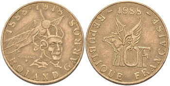 Франция 10 франков 1988 100 лет со дня рождения Ролан Гарроса (1888-1918) KM 965 алюминиевая бронза 4111-121