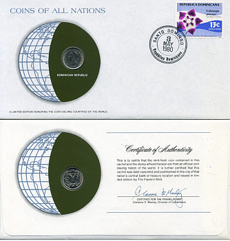 Доминиканская Республика 10 сентаво 1975 конверт с маркой первого дня гашения, Coins of Nations KM 19а медно-никель UNC 4294-13-1