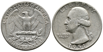 США 25 центов = квотер 1951 Вашингтон KM 164 серебро 4364-343
