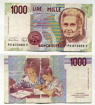 Италия 1000 лир 1990 Мария Монтессори Pick 114а бумага 8589-8-2-2