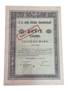 Германия акция на 1000 марок 1923 немецкой компании J. A. John Aktiengesellschaft. Компания специализировалась на производстве машин для прачечных, бытовой техники и санитарно-технического оборудования бумага 5555-3