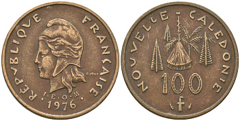 Французская Новая Каледония 100 франков 1976 хижина среди сосен и пальм, (IEOM) KM 15, Schoen 16, Lec 130 никель бронза 88-324