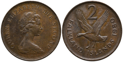 Фолклендские острова 2 пенса 1980 Елизавета II (1952-2022), магелланов гусь KM 3 бронза 4577-553