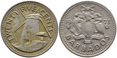 Барбадос 25 центов 1973 ветряная мельница Моргана Льюиса KM 13 медно-никель 4398-323