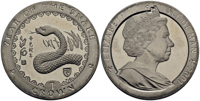 Остров Мэн 1 крона 2001 год змеи КМ 1062 медно-никель UNC M91-18