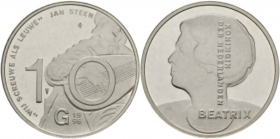 Нидерланды 10 гульденов 1996 Ян Стен, автопортрет с лютней, королева Беатрикс KM 223 серебро PROOF 1087-1-65