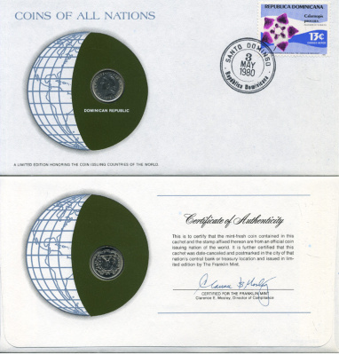 Доминиканская Республика 10 сентаво 1975 конверт с маркой первого дня гашения, Coins of Nations KM 19а медно-никель UNC 4294-13-1