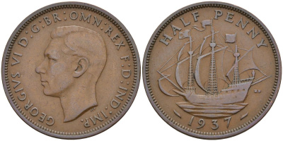 Великобритания 1/2 пенни 1937 Георг VI (1936-1952) KM 844, Spink 4115 бронза 4153-817