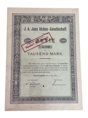 Германия акция на 1000 марок 1923 немецкой компании J. A. John Aktiengesellschaft. Компания специализировалась на производстве машин для прачечных, бытовой техники и санитарно-технического оборудования бумага 5555-3