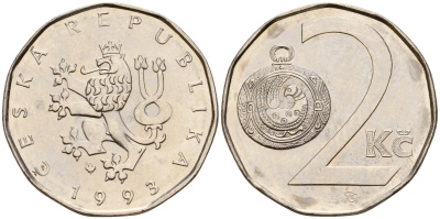 Чехия 2 кроны 1993  KM 9 сталь плакированная никелем    4601-1155
