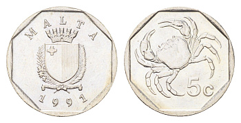 Мальта 5 центов 1991 краб KM 95 медно-никель UNC 4705-443