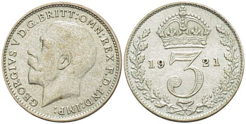 Великобритания 3 пенса 1921 Георг V (1910-1936) KM 813а, Spink 4026 серебро 75-546