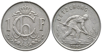 ЛЮКСЕМБУРГ 1 ФРАНК 1955 СТАЛЕВАР KM 46.2 медно-никель 53-1157